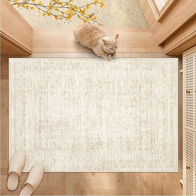 Washable Area Rug 2x3: Moroccan Entryway Rug Geometric Farmhouse Boho Throw Rug Non Slip Low Pile Soft Indoor Doormat for Entrance Bedroom Kitchen Hallway (Beige,2x3)