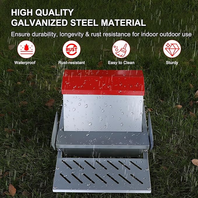 Large Automatic Chicken Feeder-25lb Metal Treadle Chicken Feeder No Waste, Rat Proof Poultry Feeder with Sturdy Galvanized Steel Build & Weatherproof Locking Lid for Duck, Fowl, Pheasants Outdoor Use