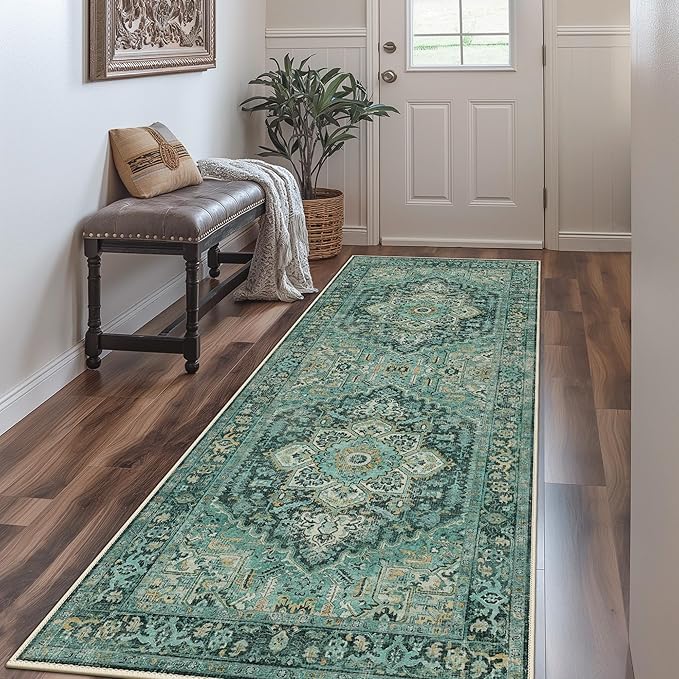 GENIMO Machine Washable 8x10 Area Rugs for Living Room, Non Slip Vintage Rugs, Low Pile Lightweight Chenille Print Rug for Bedroom, Dining Room, Home Office, Turquoise
