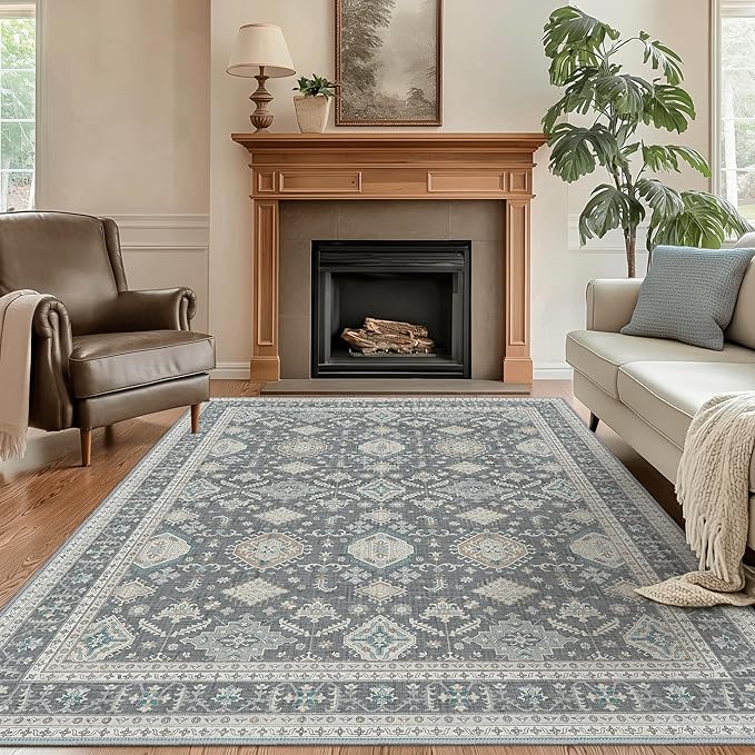 GENIMO Machine Washable 6x9 Area Rugs for Living Room, Non Slip Vintage Rugs, Low Pile Lightweight Chenille Print Rug for Bedroom, Dining Room, Home Office, Gray