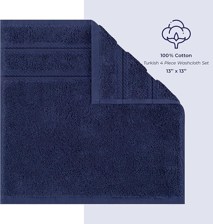American Soft Linen Luxury Washcloths for Bathroom, 600 GSM 100% Cotton 4 Piece Turkish Wash Cloth Set, 13x13 in Soft Rags for Body and Face, Navy Blue Washcloths