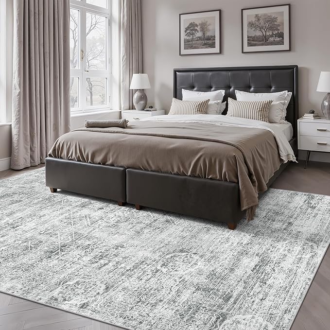 Madane 5x7 Area Rugs for Living Room, Washable Vintage Grey Rug with Non-Slip Backing, Soft Floral Print Throw Rugs Floor Low Pile Carpet for Bedroom Dining Room