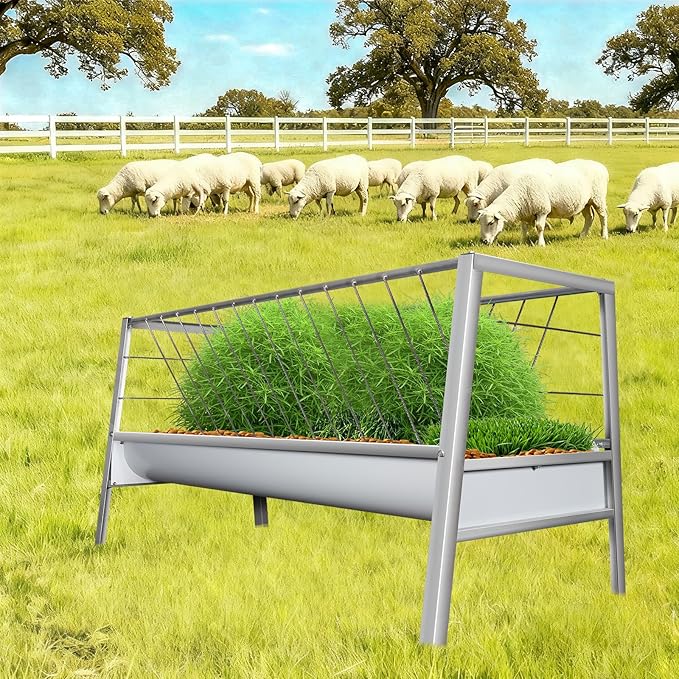 2-in-1 Goat Hay Feeder, Stainless Steel Livestock 90 Gallon Hay Feeder with 30 Gallon Feeding Pan, Detachable Hay Rack for Sheep, Cow & Horse, Easy to Assemble, Silver