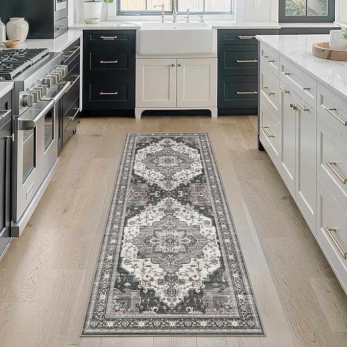 GENIMO 3X7 Hallway Runner Rug, Machine Washable Non Slip Vintage Floral Patchwork Runners, Thin Low Pile Chenille Carpet Runners for Entryway, Kitchen, Bathroom, Bedroom, Slate Gray