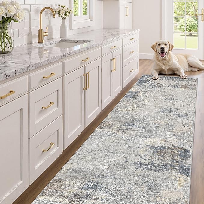 3X12 Washable Runner Rug for Hallway: Soft Neutral Modern Abstract Area Rug - Non-Slip Low Pile Long Throw Indoor Carpet for Kitchen Entryway Kitchen Bedroom Laundry - Blue Grey