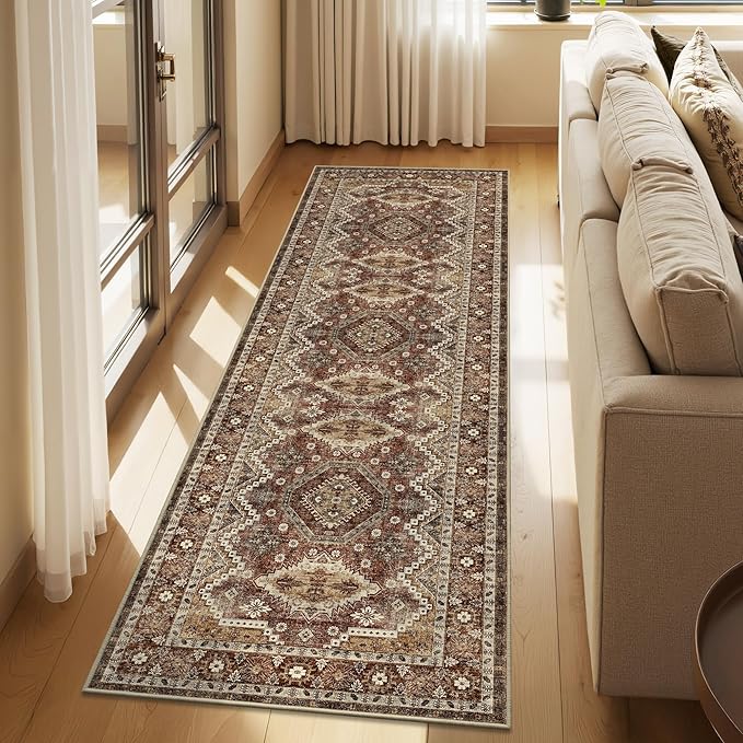 Rugland 2'6x8' Runner Rug, TPR07-Rust, Vintage Tribal, Stain Resistant, Anti-Slip Backing, Machine Washable, Low Pile, Indoor, Rug