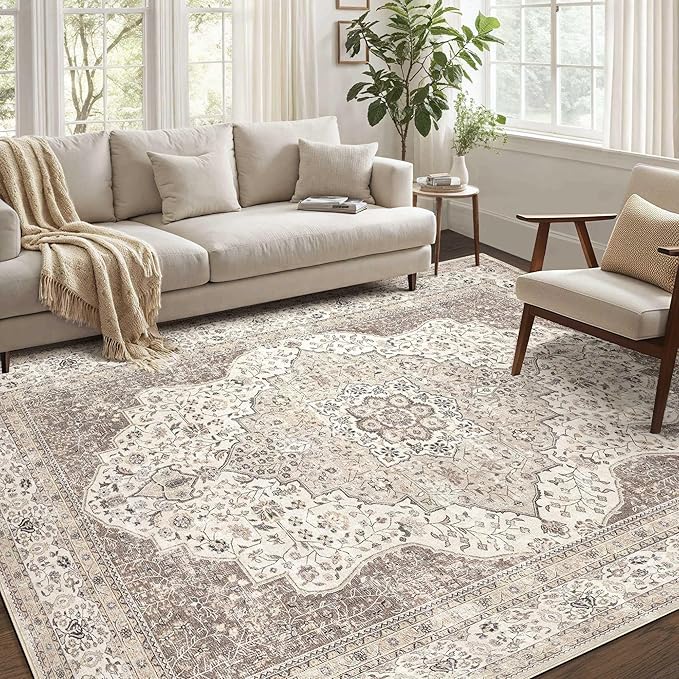 Washable Rug 5x7 Area Rugs for Living Room Bedroom Dining Room Home Office Floor Decor -Stain & Fade Resistant Non Slip Backing Carpet,Ultra-Thin Vintage Large Carpets (Brown/Beige,5'x7')