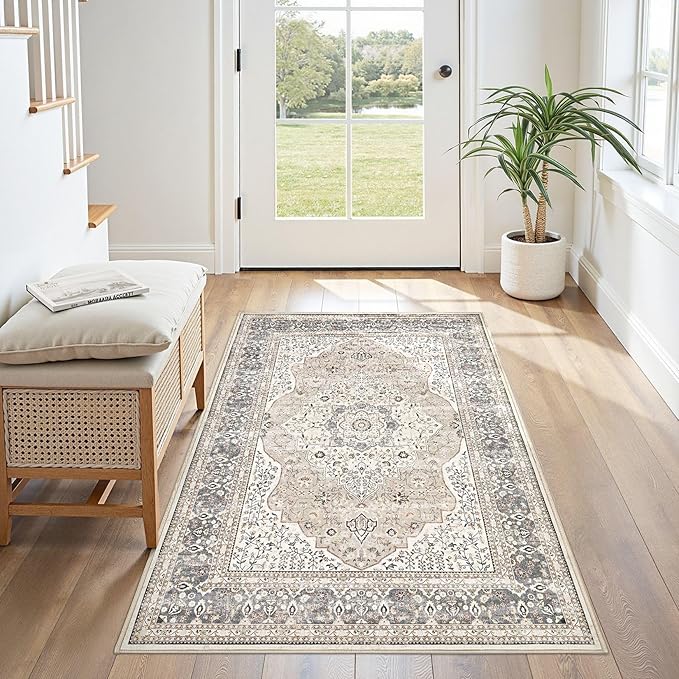 3x5 Washable Entryway Rug: Non-Slip Soft Indoor Throw Area Rug for Living Room Bedroom Kitchen, Boho Floral Distressed Durable Carpet for Hallway Bathroom Laundry Home Decor (Camel/Beige)