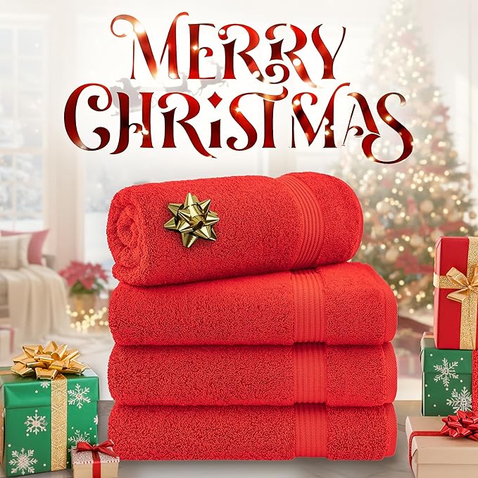 Cotton Paradise 4 Piece Turkish Bath Towels for Bathroom, 100% Cotton Extra Large Soft Plush Towels Bathroom Set, Red