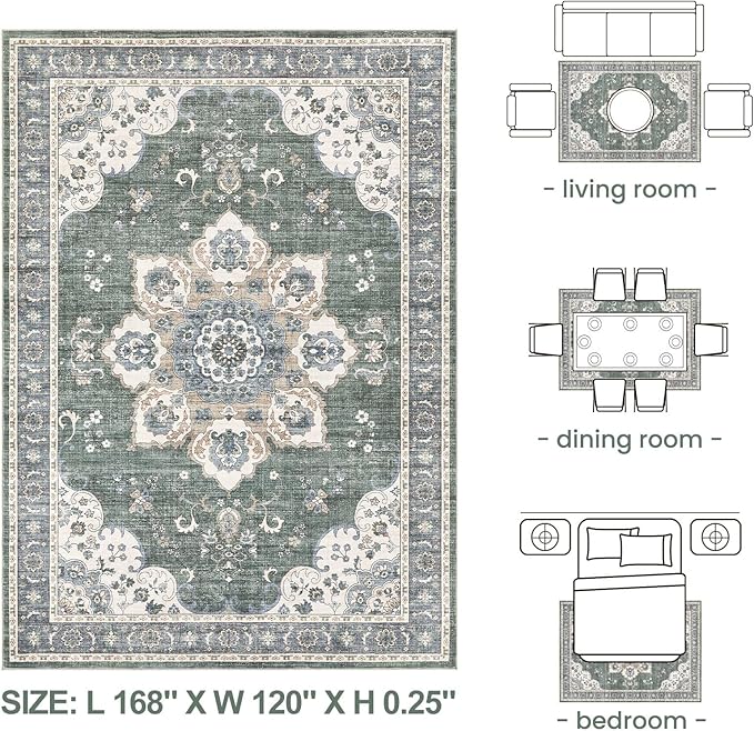 Area Rug for Living Room - 10x14 Soft Washable Oriental Vintage Floral Distressed Large Carpet - Fade Stain Resistant Non Slip Rugs for Bedroom Dining Room Nursery Dorm Office Home Decor - Green