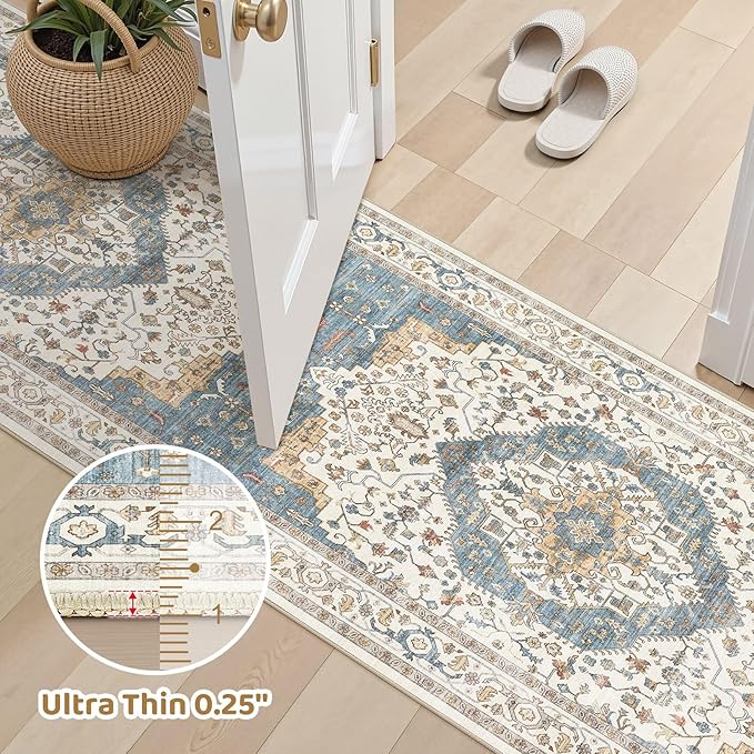 Area Rug for Living Room - 3x8 Soft Washable Oriental Vintage Floral Distressed Large Carpet - Fade Stain Resistant Non Slip Rugs for Bedroom Dining Room Nursery Dorm Office Home Decor - Blue/Beige