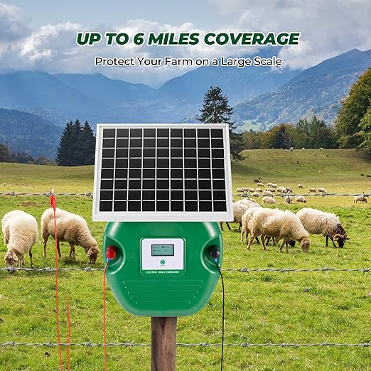 CURECURE Solar Electric Fence Charger with 8100mAh Lithium Battery, 10W Solar Panel, Easy Installation, 6 Miles Range, 1.5 Joules, LED Display, Use for Livestock, Pet, Farm, Garden