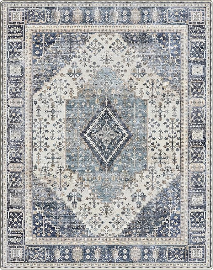 GENIMO 6x9 Area Rugs for Living Room, Machine Washable Non Slip Vintage Rugs, Low Pile Lightweight Chenille Print Rug for Bedroom, Dining Room, Home Office, Navy/Cream