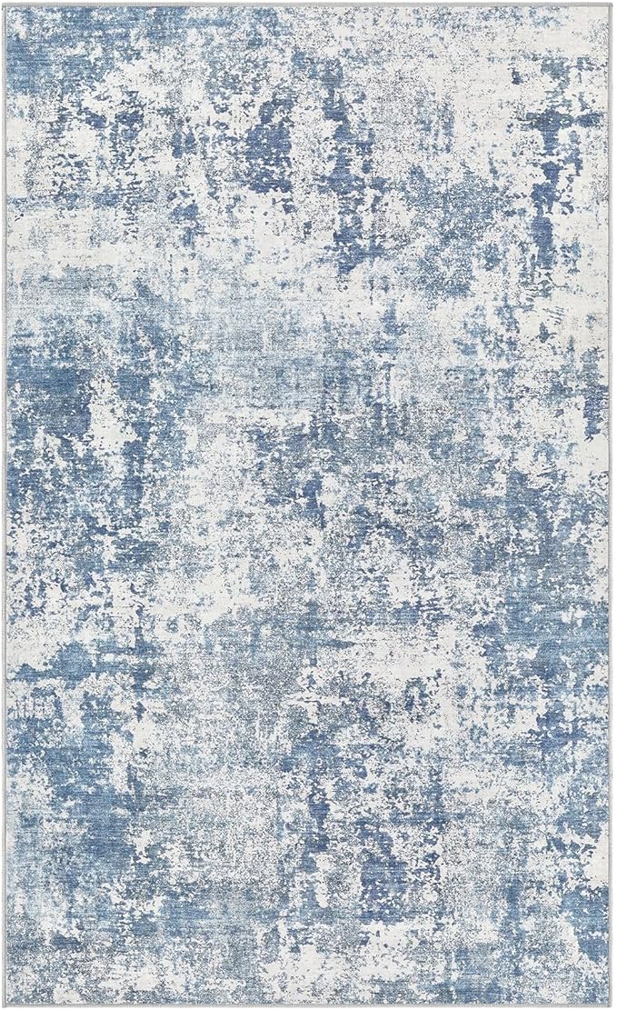 3x5 Area Rug Living Room Rugs - Washable Neutral Modern Abstract Soft Thin Rug Indoor Floor No Slip Rug Carpet for Bedroom Under Dining Table Home Office Decor - Blue White