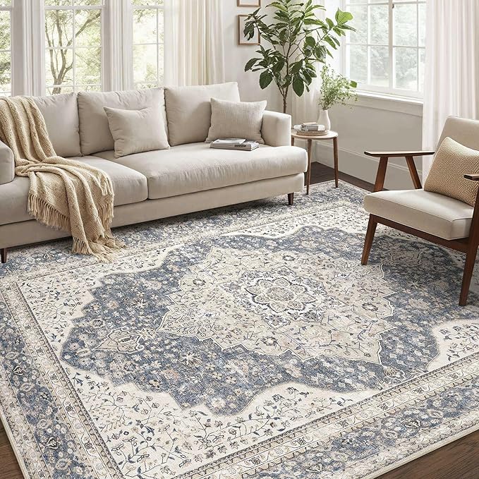Washable Rug 8x10 Area Rugs for Living Room Bedroom Dining Room Home Office Floor Decor -Stain & Fade Resistant Non Slip Backing Carpet,Ultra-Thin Vintage Large Carpets (Blue/Beige,8'x10')