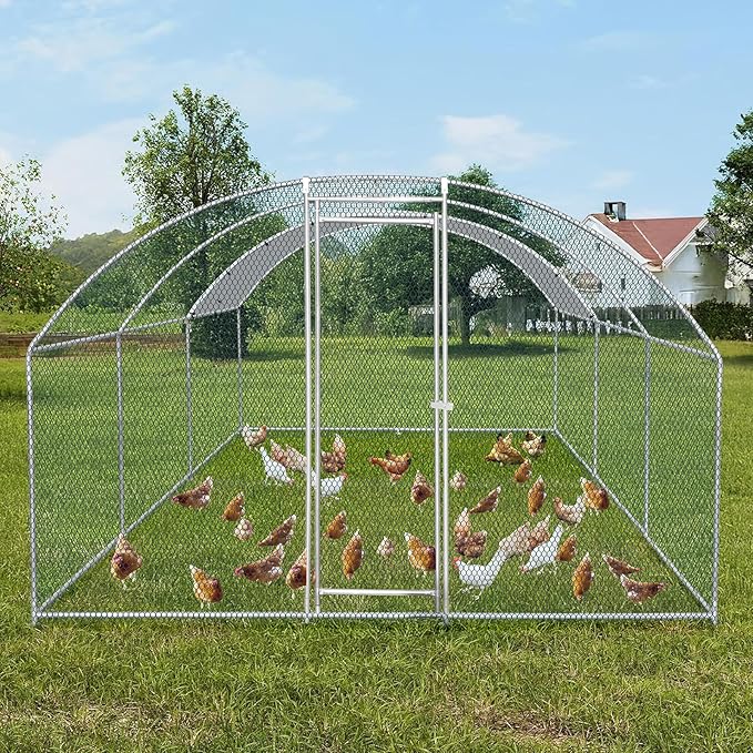 VINGLI Chicken Coop, Large Metal Poultry Cage for Chicken Run, Walk-in Chicken Pen with Waterproof & Anti-UV Cover Outdoor (Silver-Dome Roof, 19.7 * 9.8 * 6.5 ft)