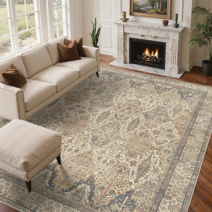 GENIMO 8x10 Area Rugs for Living Room, Machine Washable Non Slip Vintage Rugs, Low Pile Lightweight Chenille Print Rug for Bedroom, Dining Room, Home Office, Beige Khaki