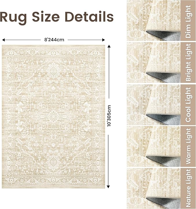 Rugland 8x10 Area Rugs - Stain Resistant Washable Rug, Anti Slip Rugs for Living Room, Vintage Tribal Area Rugs(Medallion 01-Beige, 8'x10')