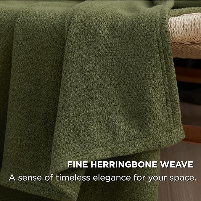 Bedsure GentleSoft 100% Cotton Blanket King Size for Bed - Breathable and Lightweight, Soft Cozy Textured Herringbone Woven Blanket for Summer, Olive Green, 108x90 inches