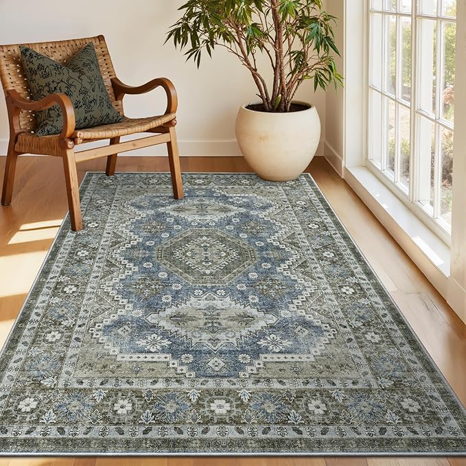 Rugland 3x5 Rug - Stain Resistant Washable Rug, Anti Slip Backing Rugs for Living Room, Vintage Tribal Area Rugs (TPR07-Green, 3'x5')