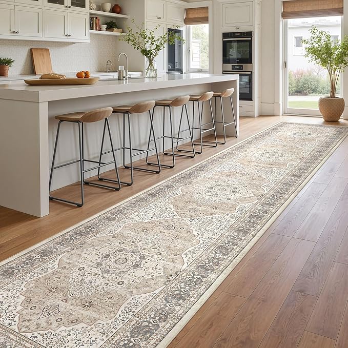 Washable 3x14 Hallway Runner Rug - Vintage Floral Stain & Fade Resistant Non-Slip Backing Ultra-Thin Long Carpet for Entryway, Bedroom, Kitchen, Corridor Decor (Camel/Beige)