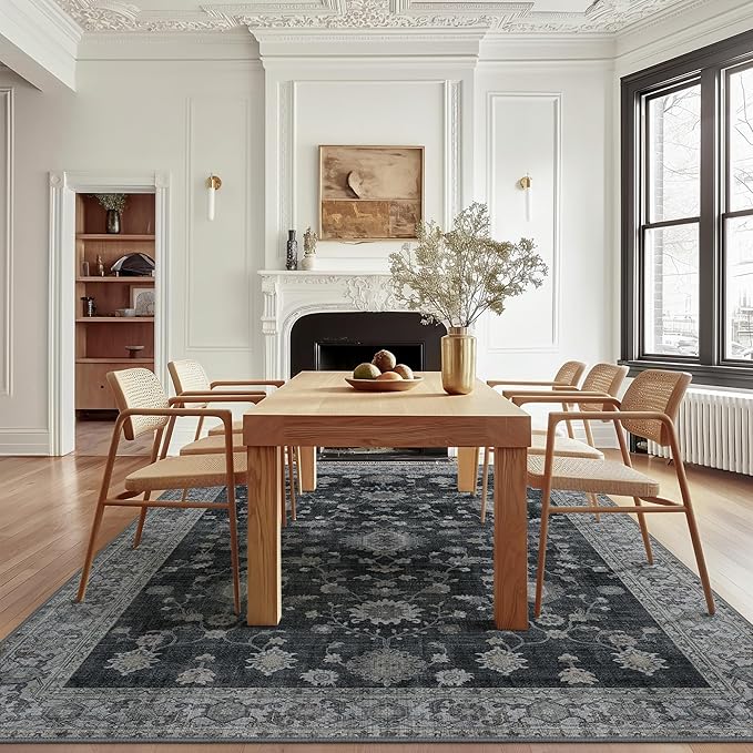 GENIMO Machine Washable 6x9 Area Rugs for Living Room, Non Slip Vintage Rugs, Low Pile Lightweight Chenille Print Rug for Bedroom, Dining Room, Home Office, Charcoal