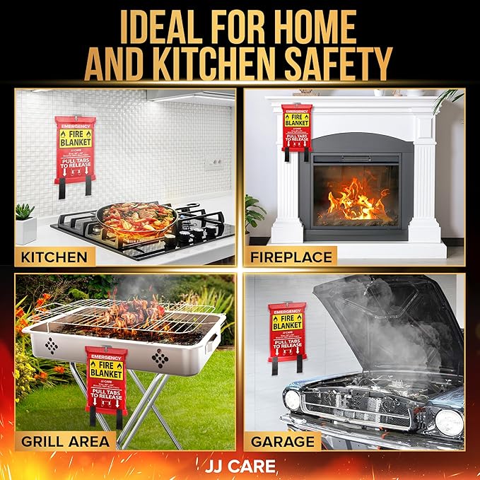 JJ CARE Fire Blanket – 10 Packs with Hooks – Emergency Fire Blanket for Home & Kitchen, High Heat Resistant Fire Suppression Blankets for Home Safety, Kitchen, and Camping