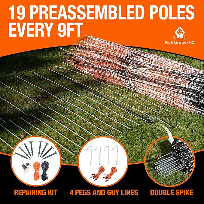 Premium Semi-Rigid Electric Poultry Netting Fence 48" x 164' - Portable Pre-Assembled Electric Fencing for Chicken Sheep Goats (19 Posts, 2 Spikes)