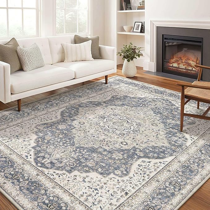 Washable Rug 6x9 Area Rugs for Living Room Bedroom Dining Room Home Office Floor Decor -Stain & Fade Resistant Non Slip Backing Carpet,Ultra-Thin Vintage Large Carpets (Blue/Beige,6'x9')