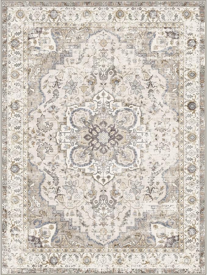Washable Area Rug 5x7 - Boho Living Room Rug Stain Resistant Soft Bedroom Rug Ultra-Thin Cream Vintage Oriental Farmhouse Dining Room Rugs for Under Table Indoor Carpet for Living Room