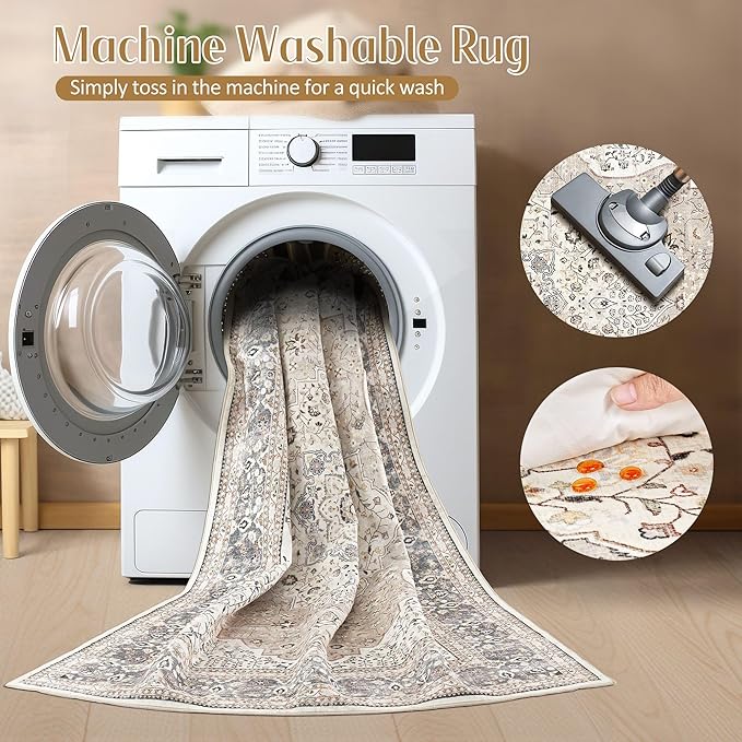 Washable 5 Ft Round Area Rug - 5x5 Area Rugs for Living Room Bedroom Dining Room Home Office Floor Decor- Vintage Floral Stain & Fade Resistant Non-Slip Backing Carpet (Camel/Beige)