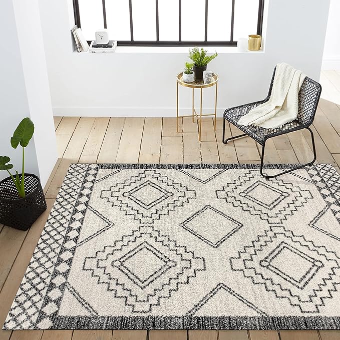 JONATHAN Y Amir Moroccan Beni Souk Cream/Black Indoor Area Rug, 5x8, Bohemian, Scandinavian, Easy-Cleaning for Living Room, Bedroom, Kitchen, Pet Friendly, Non-Shedding (MOH200A-5)