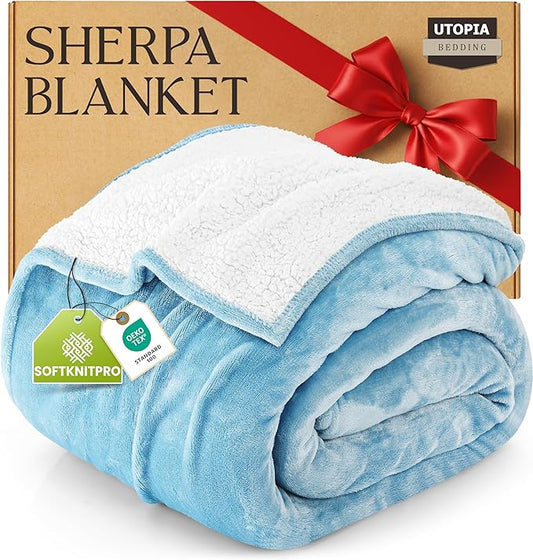 Utopia Bedding Sherpa Blanket California King Size (Washed Blue, 102x96 Inches) - Soft Lightweight Plush Fleece Reversible Blanket for Bed, Sofa, Couch, Camping and Travel