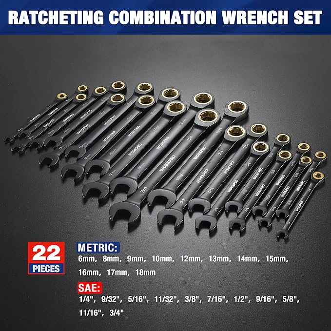 WORKPRO 22-Piece Ratcheting Wrench Set, Anti-slip Teeth, Ratchet Combination Wrench Sets with Organizer Box, Metric 6-18mm & SAE 1/4-3/4", Black Electrophoretic Coating