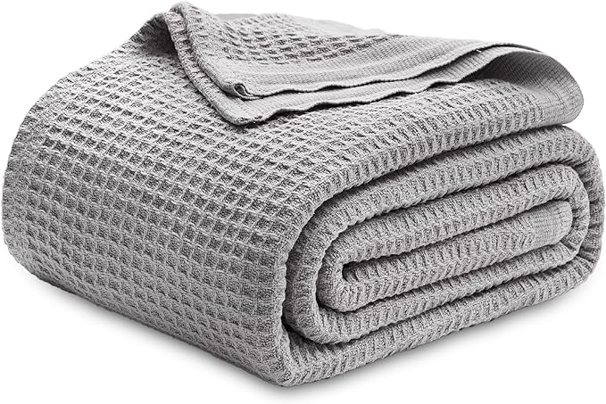 Bedsure Gentlesoft 100% Cotton Blanket King Size for Bed - Breathable and Soft, Thick Cozy Waffle Weave Christmas Blanket Gift for Women, Grey, 104x90 inches