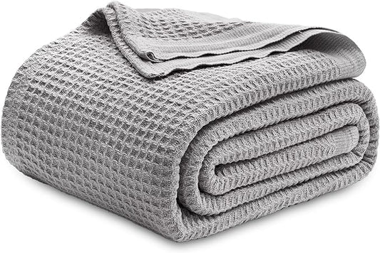 Bedsure Gentlesoft 100% Cotton Blanket King Size for Bed - Breathable and Soft, Thick Cozy Waffle Weave Christmas Blanket Gift for Women, Grey, 104x90 inches