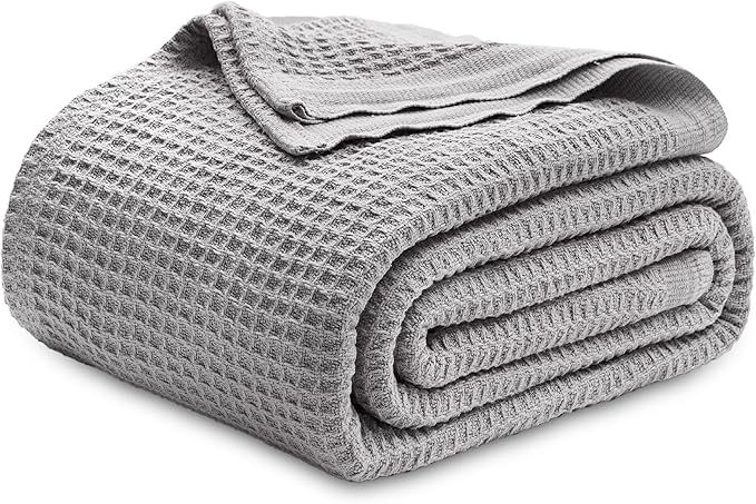 Bedsure Gentlesoft 100% Cotton Blanket Queen Size for Bed - Breathable and Soft, Thick Cozy Waffle Weave Christmas Blanket Gift for Women, Grey, 90x90 Inches