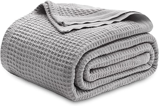 Bedsure Gentlesoft 100% Cotton Blanket Queen Size for Bed - Breathable and Soft, Thick Cozy Waffle Weave Christmas Blanket Gift for Women, Grey, 90x90 Inches