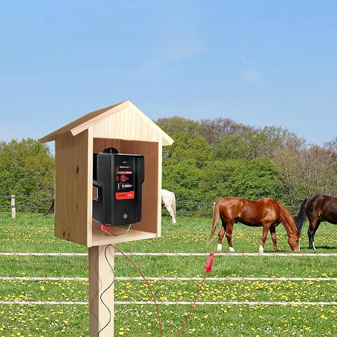 Electric Fence Charger AC DC Powered 65 Miles 200 Acres, 110 Volt 2 Joule Plug-in Electric Fence Energizer, Output Voltage Max 12 kV for Livestock, Preventing Predators from Intruding