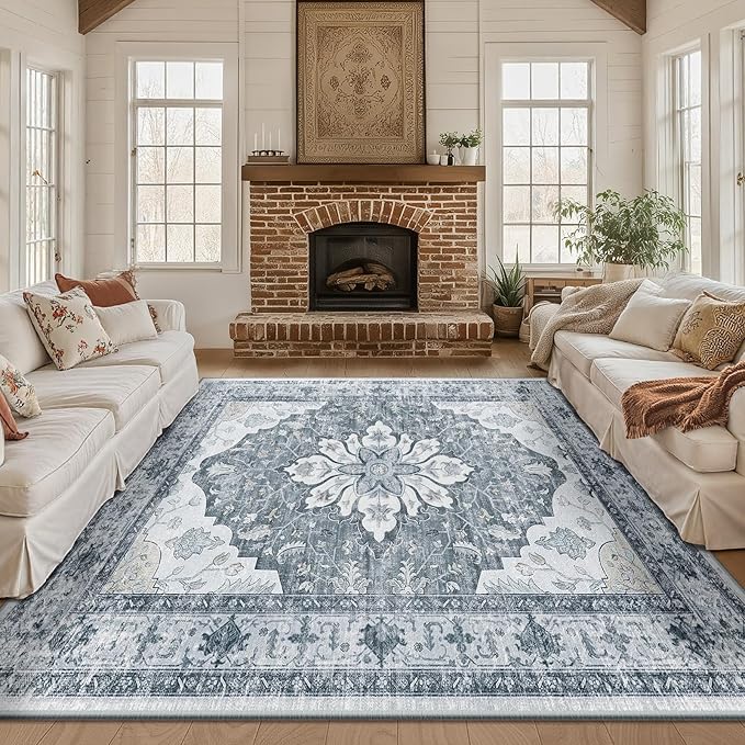 Area Rugs Square 8ft Washable Non-Slip, Floral Vintage Distress Print Pattern Medallion Carpet for Living Room Bedroom Dining Room, Light Gray Grey White