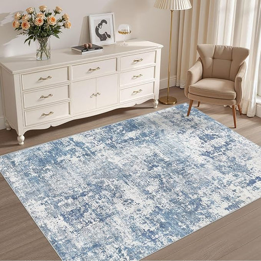 4x6 Area Rug Living Room Rugs - Washable Neutral Modern Abstract Soft Thin Rug Indoor Floor No Slip Rug Carpet for Bedroom Under Dining Table Home Office Decor - Blue White