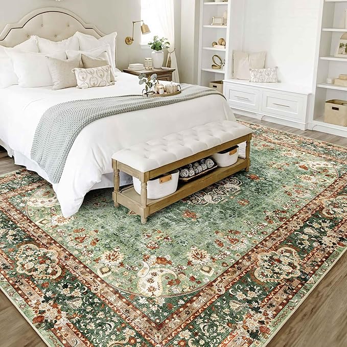 8x10 Area Rugs Washable,Green Rug for Living Room Bedroom Dining Room,Large Boho Vintage Bohemian Distressed Oriental Carpet Non Slip