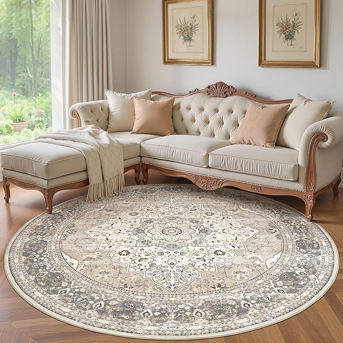 Washable 8 Ft Round Area Rug - Vintage Floral Stain & Fade Resistant Non-Slip Backing Carpet for Living Room, Bedroom, Dining Room, Home Office Floor Decor Large Carpets (Camel/Beige)