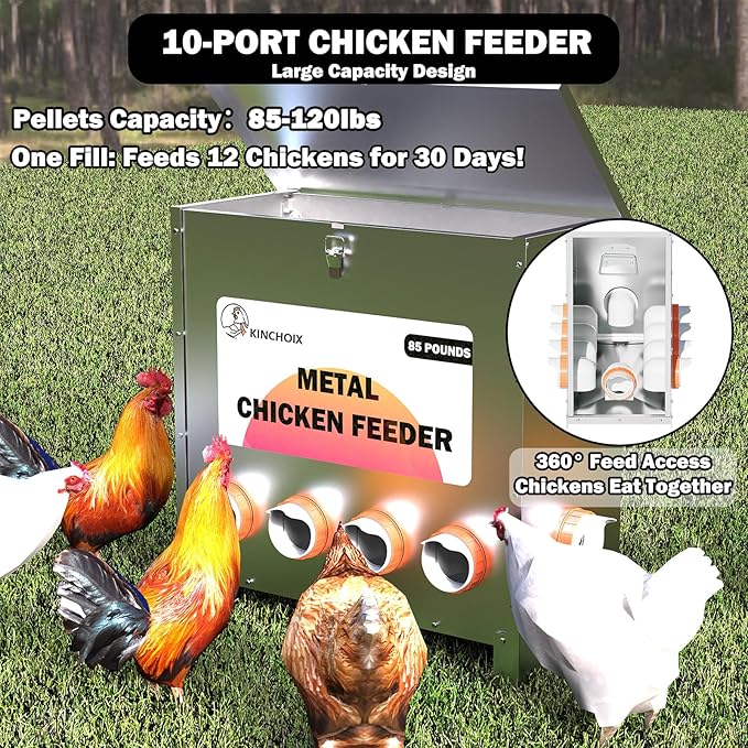 Metal Chicken Feeder Large Capacity 85lbs Automatic Metal Rat Proof Chicken Feeders No Waster Weatherproof Poultry Feeder for Chickens, Geese, Ducks, Turkeys, Quails (10-Port)