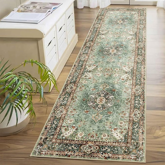 Washable Runner Rug 2x8,Green Rug Runners Non Slip,Long Boho Rugs for Hallways Kitchen Bedroom Entryway Living Room Bathroom,Vintage Bohemian Distressed Oriental Floor Carpet