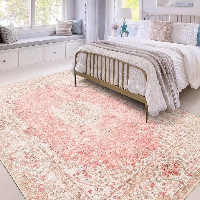 5x7 Area Rugs Washable,Pink Rug for Living Room Bedroom Kitchen,Large Boho Vintage Bohemian Distressed Carpet Non Slip,Blush