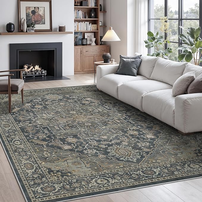 Rugland 5x7 Area Rugs - Stain Resistant Washable Rug, Anti Slip Rugs for Living Room, Vintage Tribal Area Rugs(Medallion 01-Deep/Grey, 5'x7')