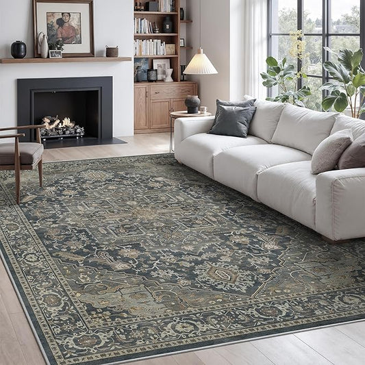 Rugland 5x7 Area Rugs - Stain Resistant Washable Rug, Anti Slip Rugs for Living Room, Vintage Tribal Area Rugs(Medallion 01-Deep/Grey, 5'x7')