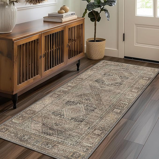 GENIMO 2x10 Runner Rugs for Hallway, Machine Washable Non Slip Vintage Rugs, Low Pile Lightweight Soft Print Rug for enrtyway, Corridor, Home Office, Kitchen, Chestnut Brown