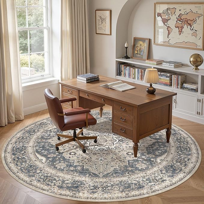 Washable 8 Ft Round Area Rug - Vintage Floral Stain & Fade Resistant Non-Slip Backing Carpet for Living Room, Bedroom, Dining Room, Home Office Floor Decor Large Carpets(Blue/Beige)